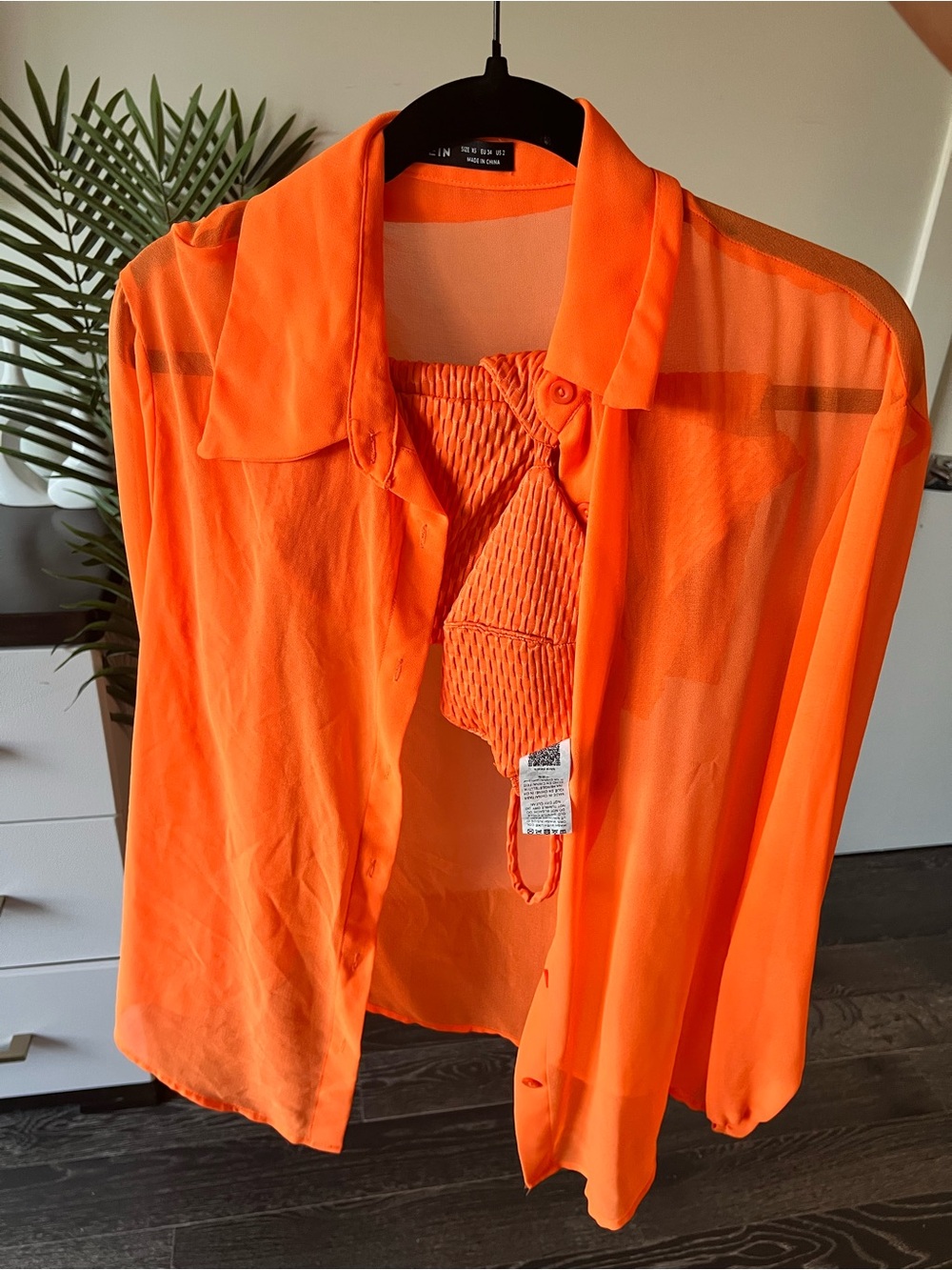 Sheer Neon Orange Button-Down Shirt with Smocked Tank Pieces of three